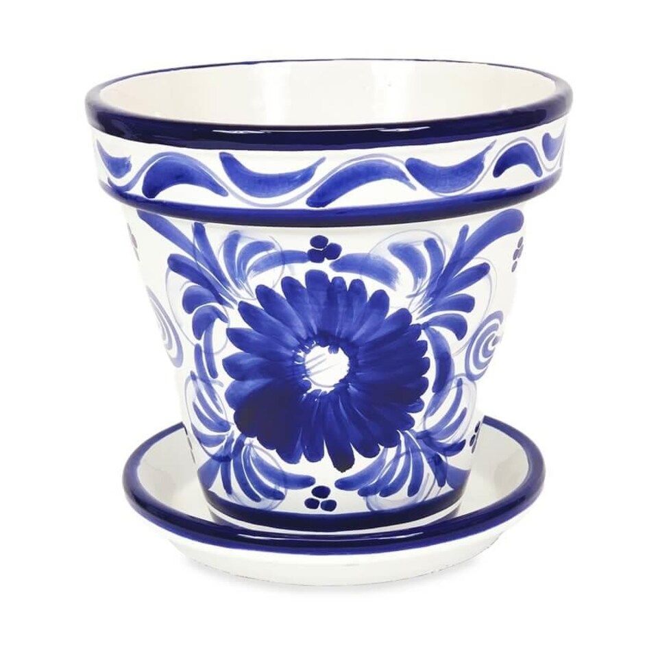 image 1 of Verano Spanish Ceramics Set of 3 Plant Pots & Drainage Plates - 16-29cm Blue Floral