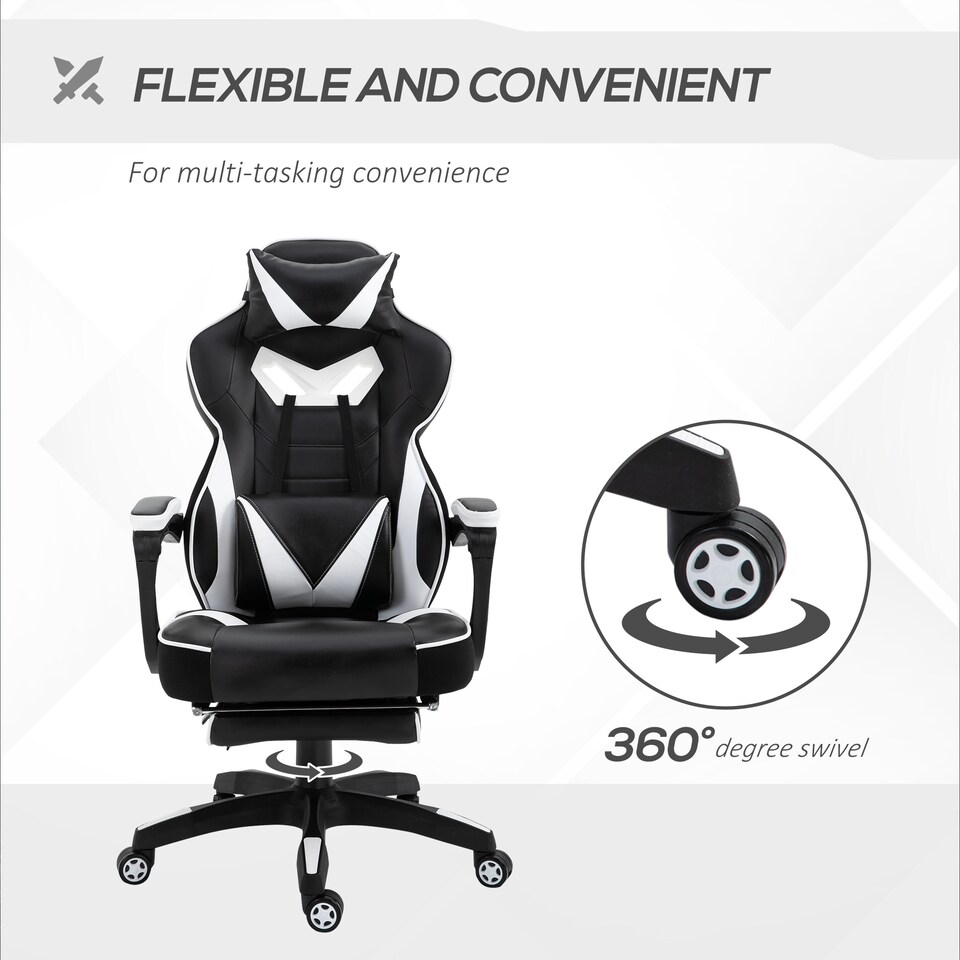 image 1 of Vinsetto Computer Gaming Chair, Racing Desk Chair with Lumbar Support and Footrest, PU Leather Gamer Chair with Headrest and Swivel Wheels for Home, White