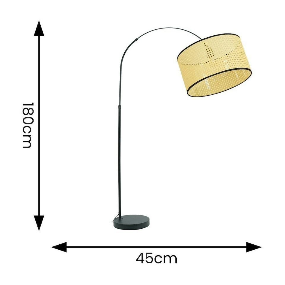 image 1 of ValueLights Louis Black Arched Curved Floor Lamp Natural Cane Shade