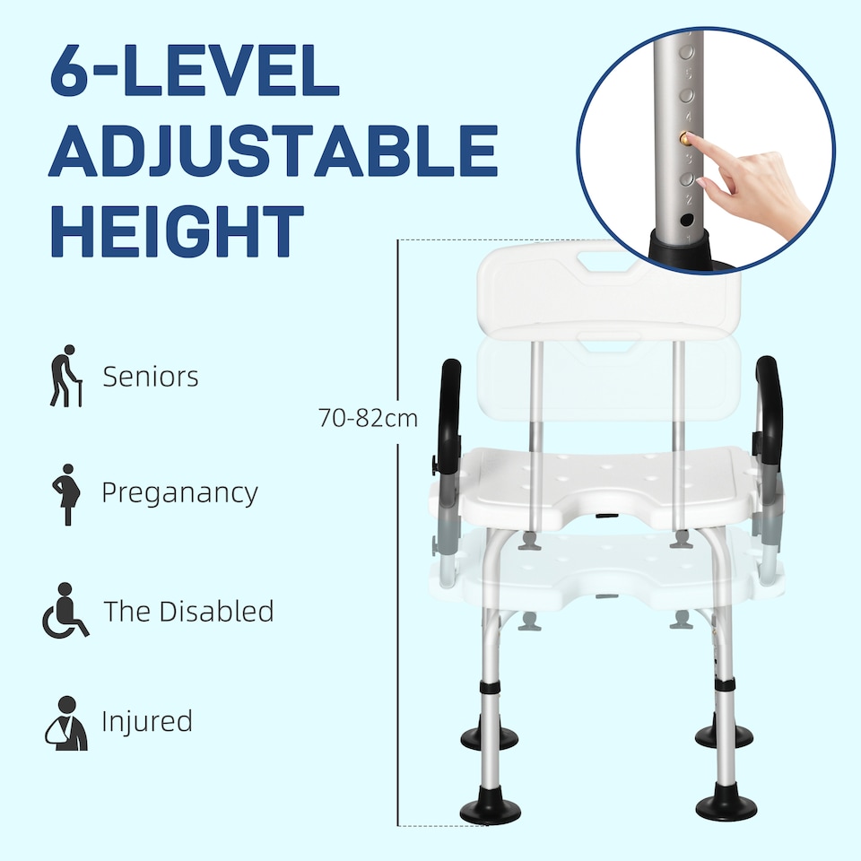 image 1 of HOMCOM Shower Chair for the Elderly and Disabled, Height Adjustable Shower Stool with Back and Flipped Padded Arms, Suction Foot Pads, White