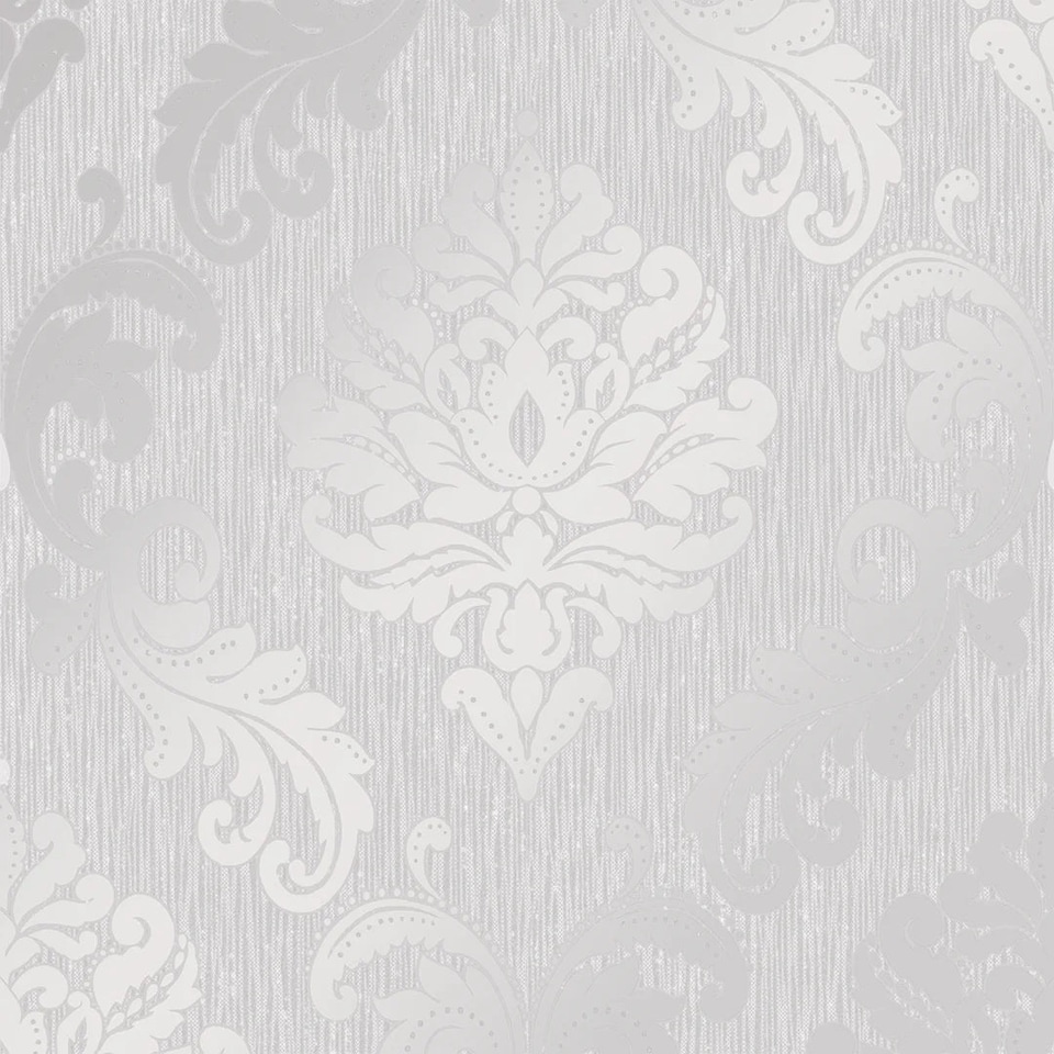 image 1 of Chelsea Glitter Damask Wallpaper in Soft Grey and Silver | Grey | Soft Grey And Silver | 53cm x 10m