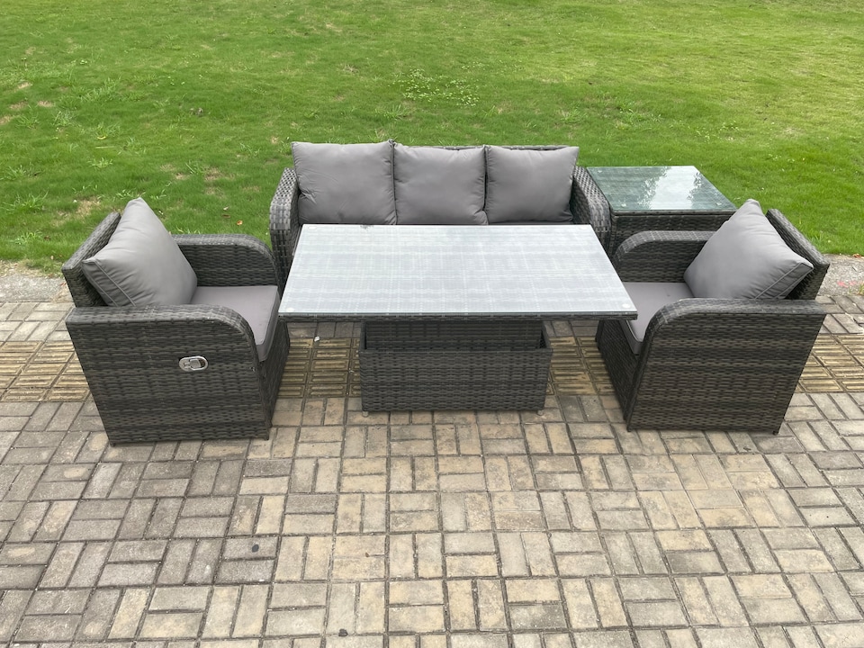 image 1 of Fimous Wicker PE Rattan Outdoor Garden Furniture Set Height Adjustable Rising lifting Dining Table With Armchair Side Table