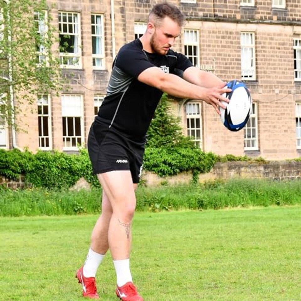 image 1 of Precision Momentum Rugby Training Ball, Premium Rubber, Hand-Stitched, All-Weather Grip, Extra Strong, Ideal For Clubs And Schools, White|Black|Blue, Size 5