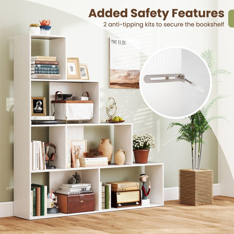 image 1 of COSTWAY 4 Tier Stepped Bookshelf Modern Ladder Bookcase 6 Storage Cubes White