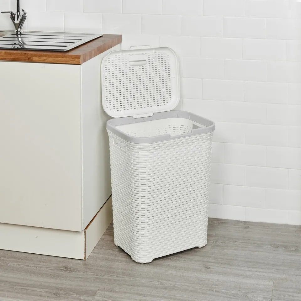 image 1 of 55L Plastic Rattan Laundry Basket | White | 1