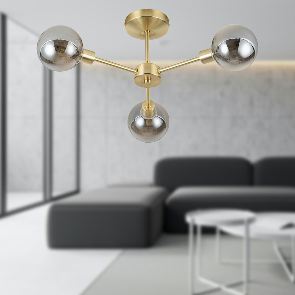 image 1 of First Choice Lighting Set of 2 Toner Satin Brass with Smoke Glass Globes 3 Light Flush Ceiling Lights Bronze | Grey