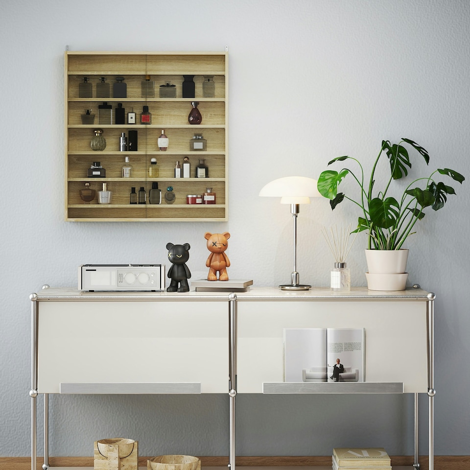 image 1 of HOMCOM 7-Tier Wall Display Cabinet w/ Shelves Glass Doors, Oak Brown