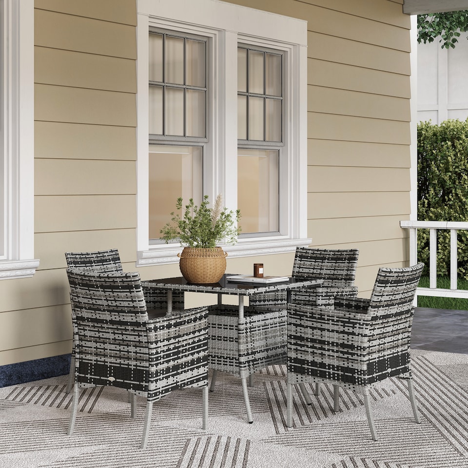 image 1 of Outsunny 4 Seater Rattan Dining Set with Cushions, 5 Pieces Garden Dining Set with Glass Tabletop, PE Rattan Garden Furniture Set with Dining Table and Armchairs for Patio, Balcony, Mixed Grey