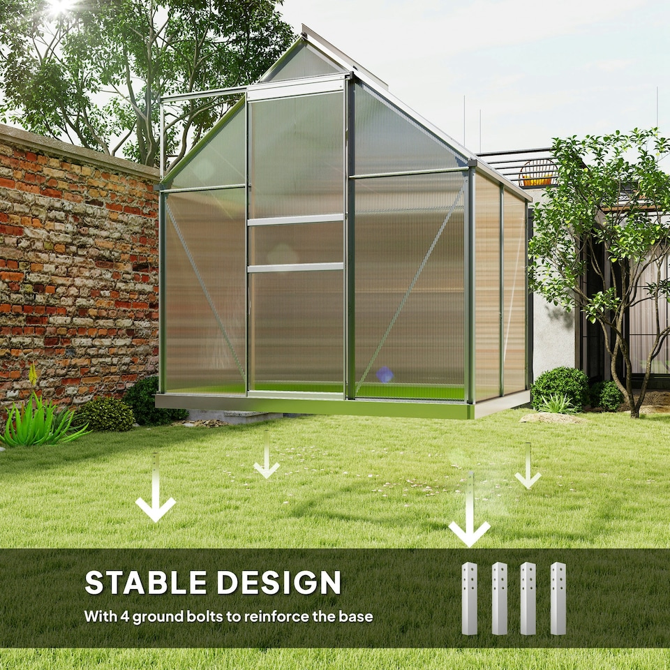 image 1 of Outsunny Polycarbonate Walk-in Garden Greenhouse w/ Sliding Door Silver Tone
