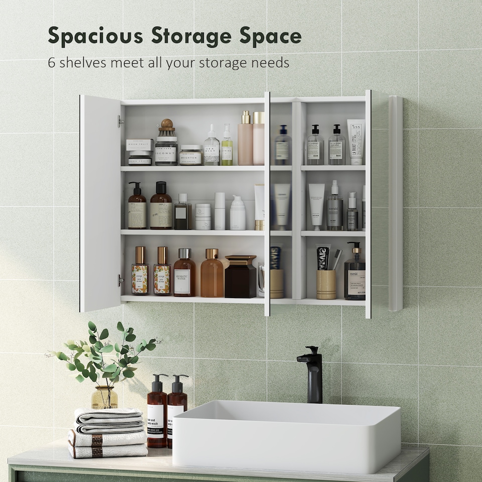 image 1 of HOMCOM Bathroom Mirror Cabinet with 4 Adjustable Shelves, White | White