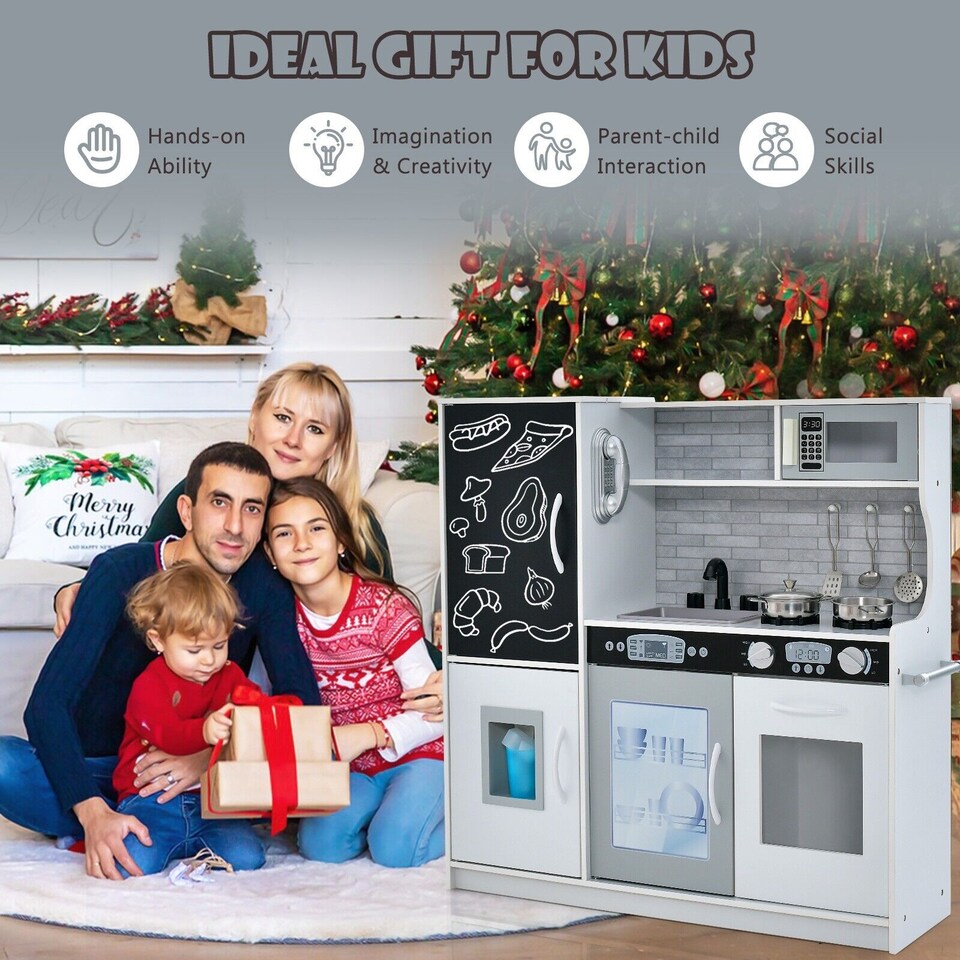 image 1 of COSTWAY Wooden Play Kitchen Kids Pretend Play Toy w/ Microwave Ice Make