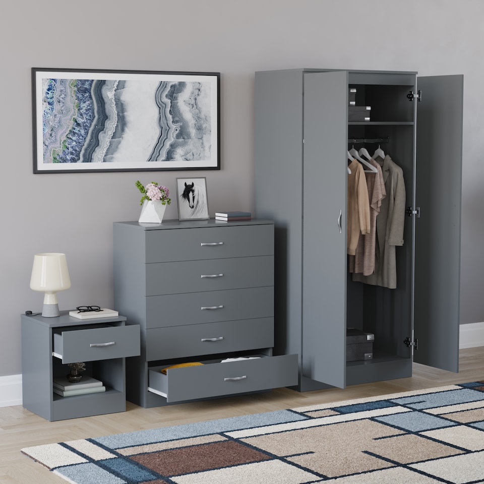 image 1 of Vida Designs Riano 3 Piece Bedroom Set (1 Drawer Bedside Chest, 5 Drawer Chest, 2 Door Wardrobe) Grey (4)