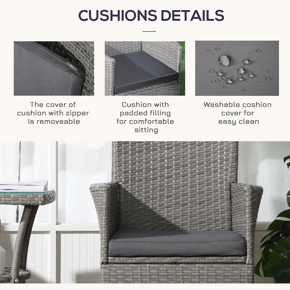 image 1 of Outsunny 3 Pieces Rattan Bistro Set, Wicker Garden Furniture Set with 2 Tier Coffee Table and Chairs, Washable Cushions, for Outdoor Patio Balcony, Grey