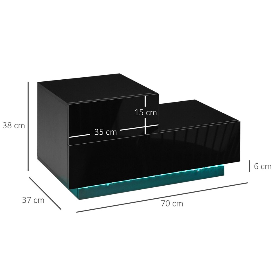 image 1 of HOMCOM High Gloss Front Bedside Table Nightstand with LED Light Remote Black
