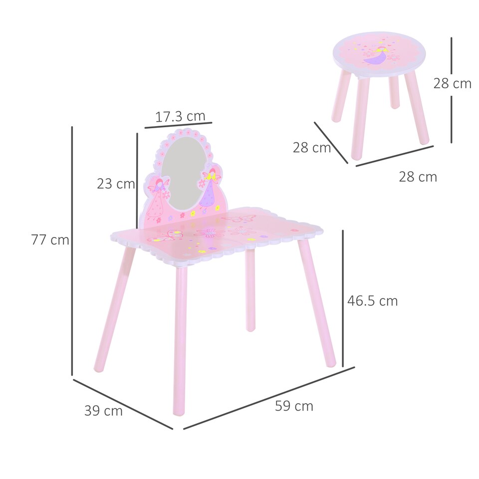 image 1 of HOMCOM Kids Dressing Table Girls Pink Wooden Kids Dressing Table & Stool Make Up Desk Chair Toys Fairy Dresser Play Set w Mirror