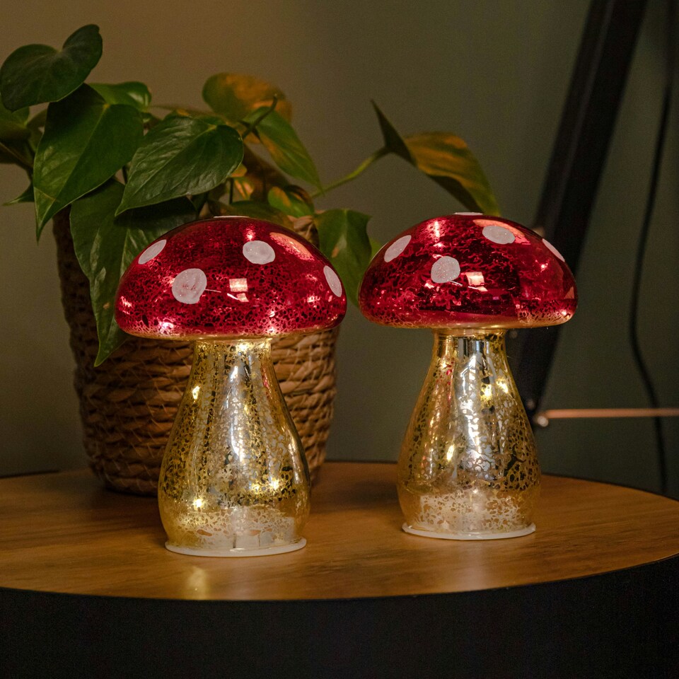 image 1 of Pair of 16cm Battery Light up Christmas Mushroom Decoration with Warm White LEDs
