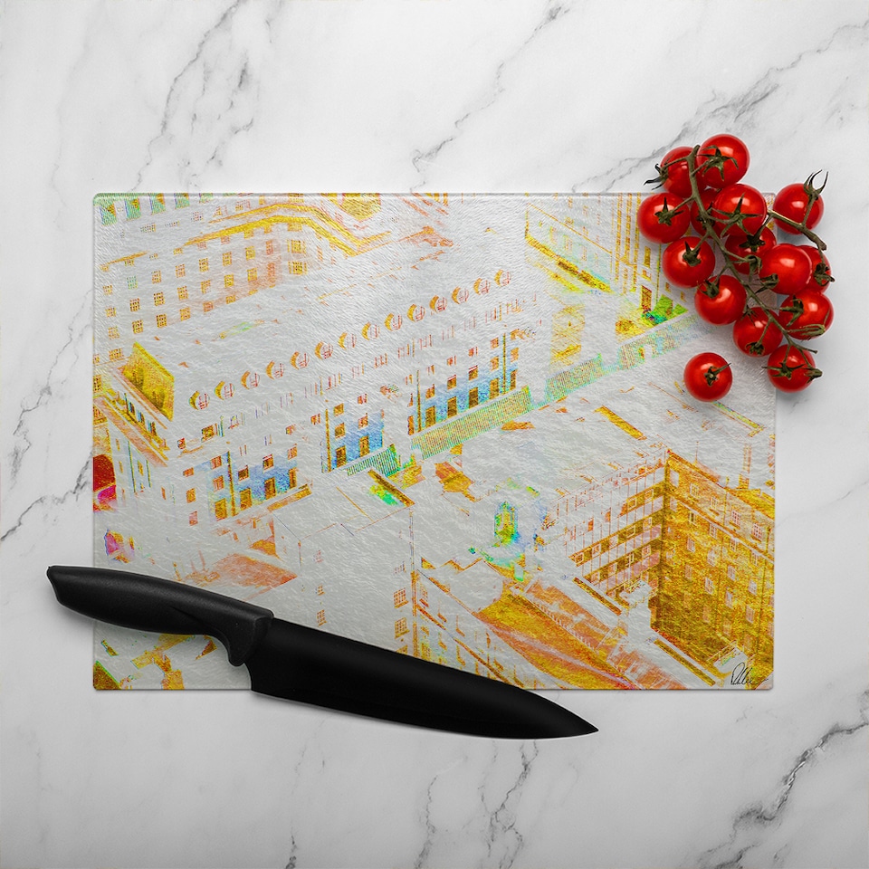 image 1 of London Roof Tops Orange Glass Chopping Board | Multi