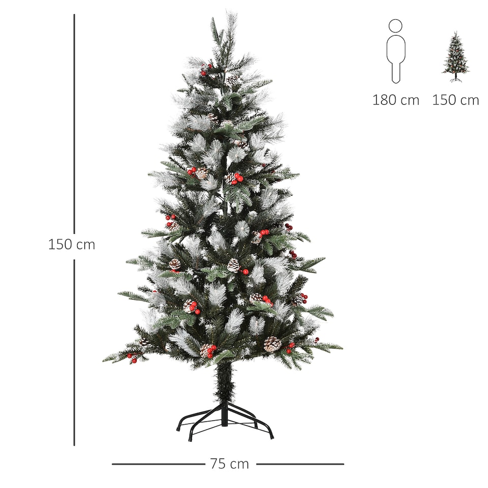 image 1 of HOMCOM 5FT Artificial Snow Dipped Christmas Tree mas Pencil Tree Holiday Home Party Decoration with Foldable Feet Red Berries White Pinecones, Green