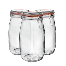 Argon Tableware Glass Storage Jars - 1.5 Litre - Set of 3 - 4 Colour Seals Airtight Kitchen Storage Container Preserving Jar