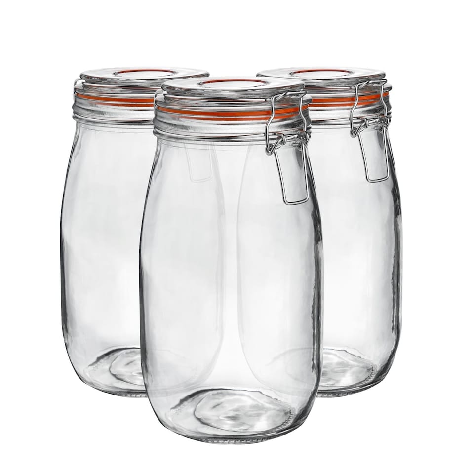 image 1 of Argon Tableware Glass Storage Jars - 1.5 Litre - Set of 3 - 4 Colour Seals Airtight Kitchen Storage Container Preserving Jar