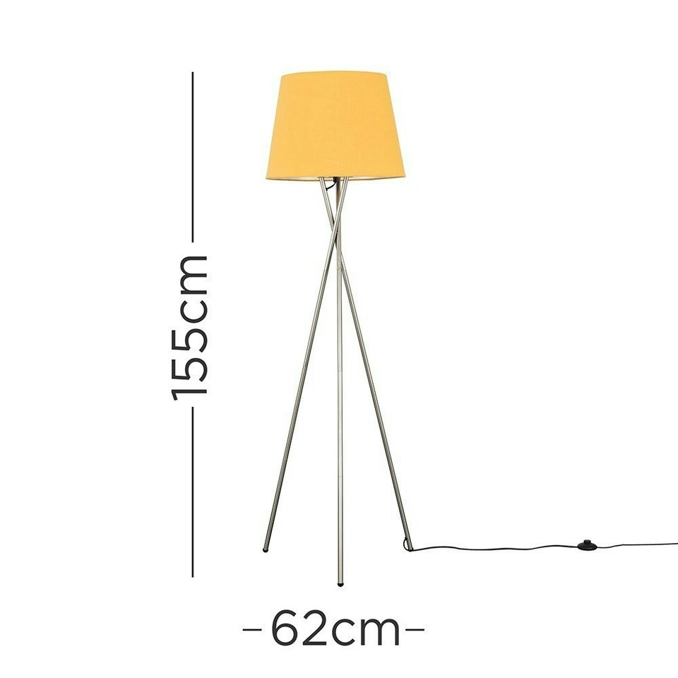 image 1 of ValueLights Camden Brushed Chrome Tripod Floor Lamp Mustard Taper Shade & Bulb Yellow