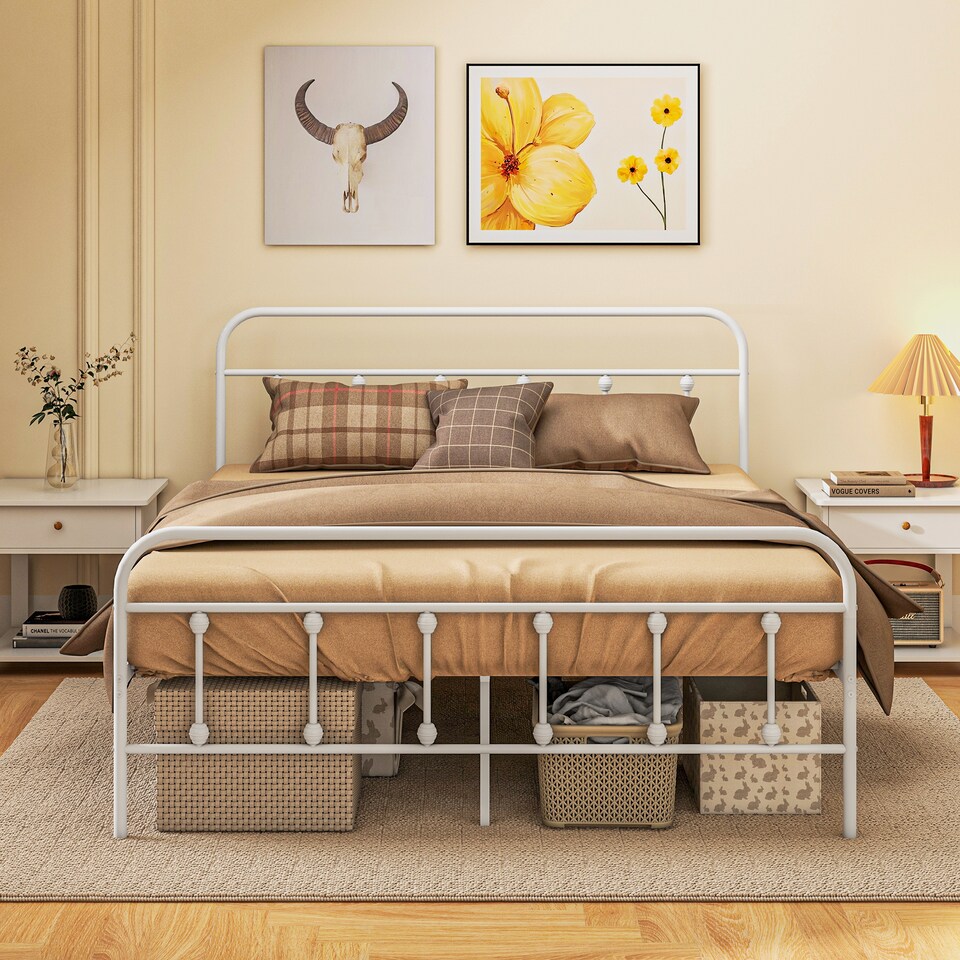 image 1 of HOMCOM 4ft6 Double Bed Frame, Metal Platform Bed frame with Tall Headboard, Footboard and Steel Slat Support, No Box Spring Needed, Easy Assembly, White