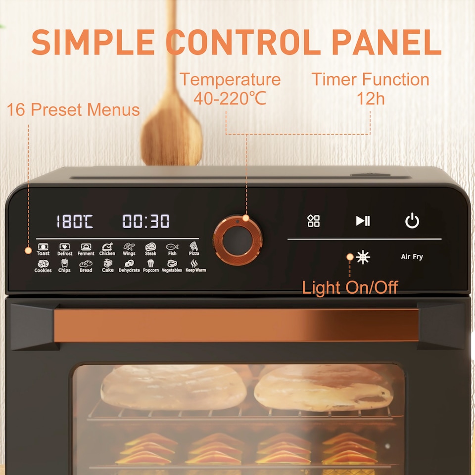 image 1 of HOMCOM 20L Mini Oven, 16-in-1 Air Fryer Oven, Pizza Oven and Grill with Double Glass Door, Baking Tray, Wire Rack, Adjustable Temp & Timer, 1400W, Black