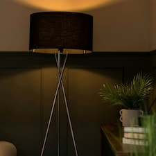 ValueLights Camden Brushed Chrome Tripod Floor Lamp Black Shade Black