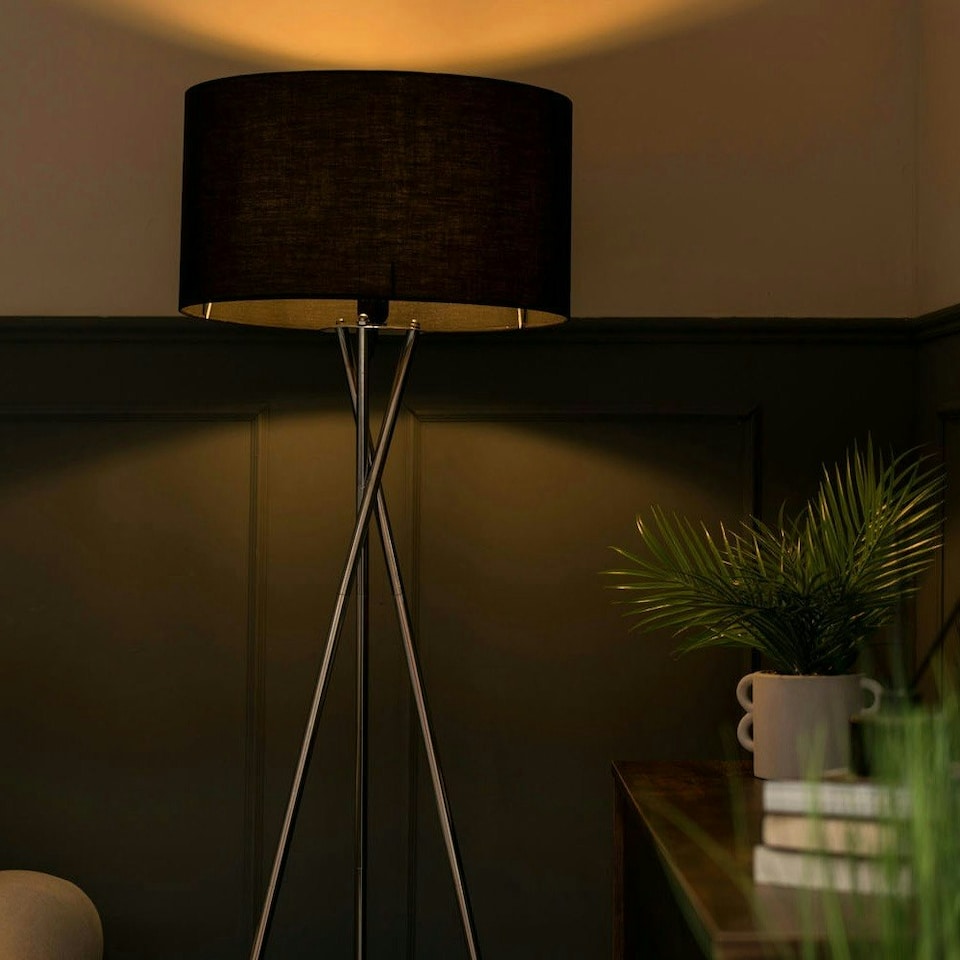 image 1 of ValueLights Camden Brushed Chrome Tripod Floor Lamp Black Shade Black