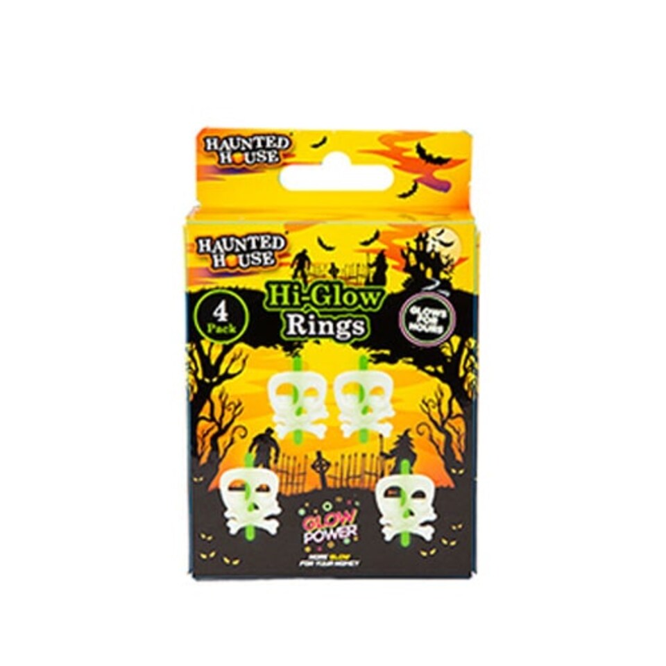 White Skull Hi-Glow Halloween Rings - Pack of 4