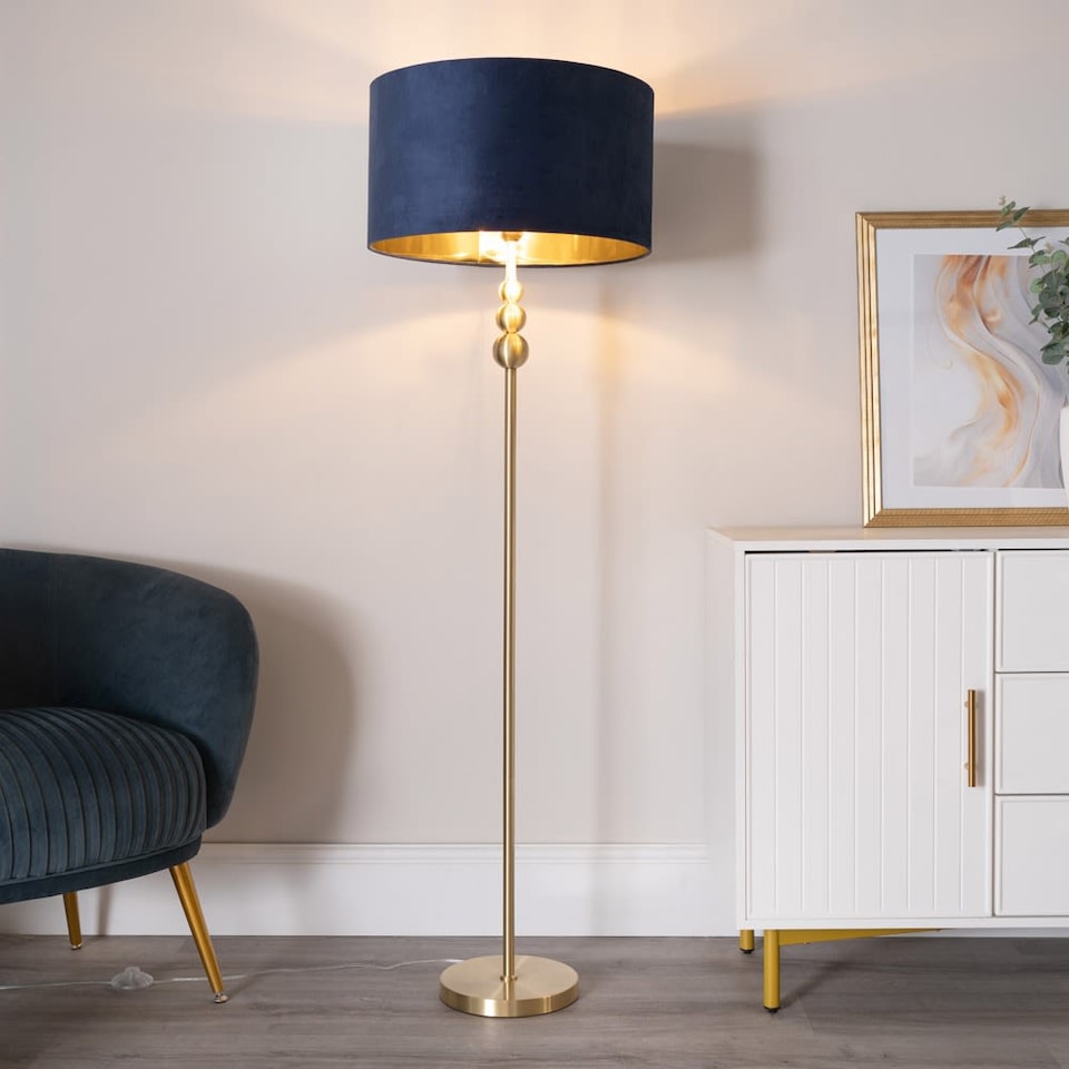 image 1 of ValueLights Marissa Gold Stacked Ball Floor Lamp with Navy Blue Velvet with Gold Inner Shade | Blue