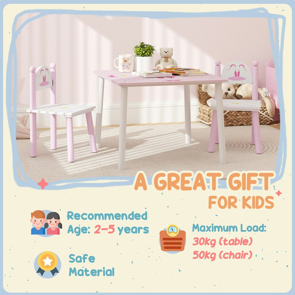 image 1 of AIYAPLAY Princess-Designed Toddler Table and 2 Chairs Set, for Playroom Pink