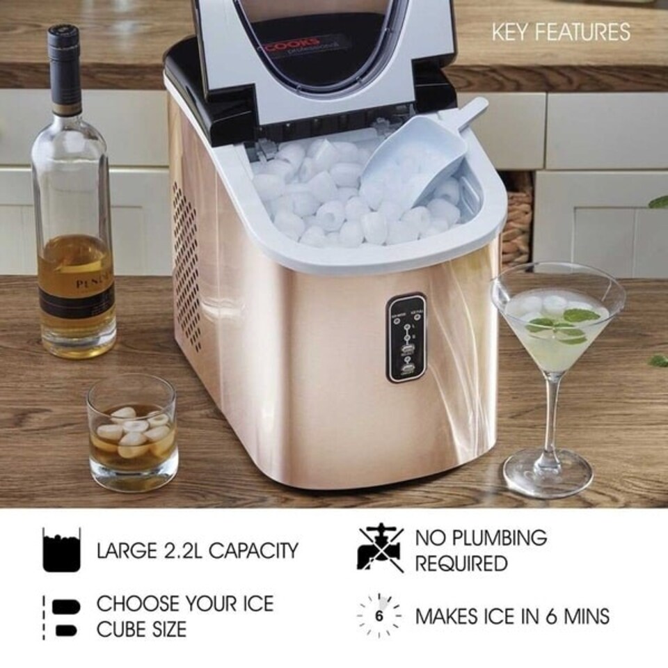 image 1 of Cooks Professional Ice Maker Machine with Scoop & 2.2L Tank - Makes 14KG Per Day | Copper