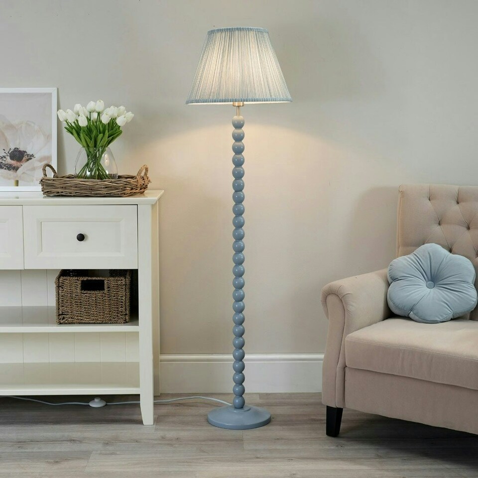 image 1 of ValueLights Bobbles Powder Blue Bobbin Floor Lamp with Blue Pleated Shade