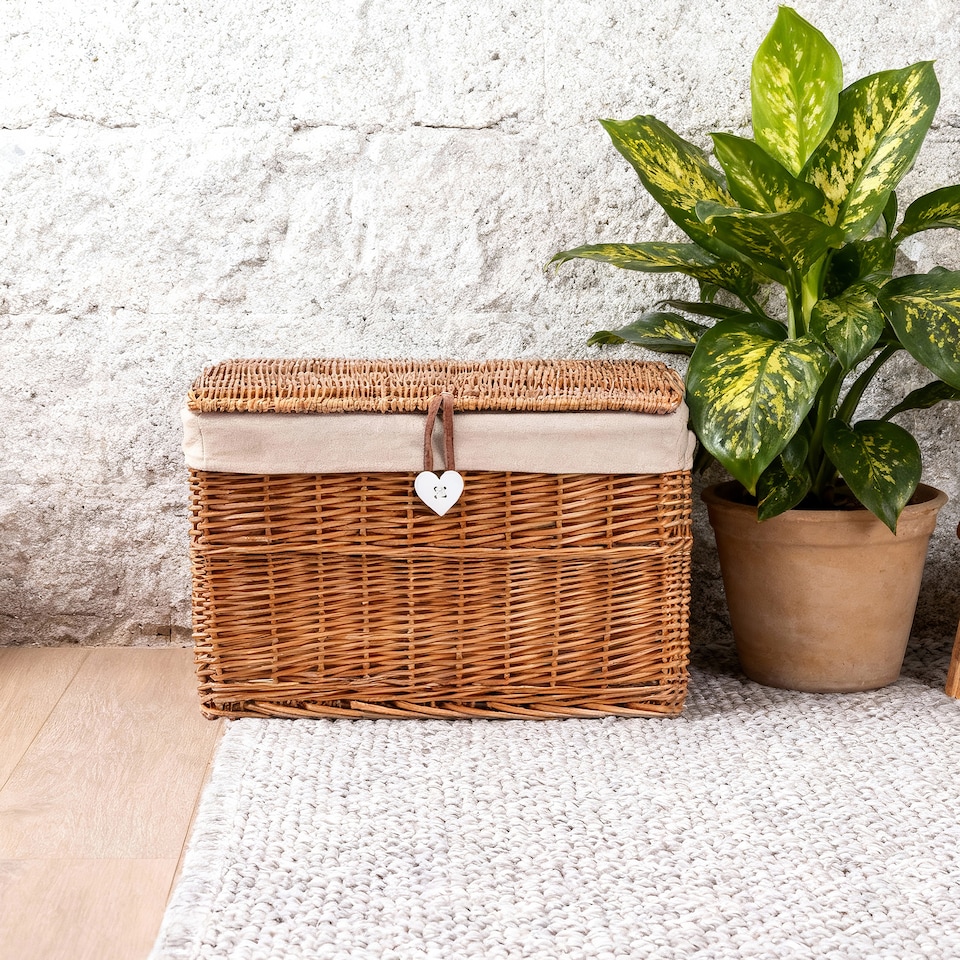 image 1 of Wickerfield Willow Basket and Trunk Chest Hamper with Lid and Cotton Liner for Office and Home Storage in Living rooms, Bedroooms (Medium, Brown)
