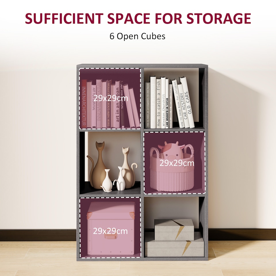 image 1 of HOMCOM 6-Cube Bookshelf, Modern Freestanding 3-Tier Bookcase, Display Shelving Unit for Living Room, Bedroom, Home Office, Study, Grey