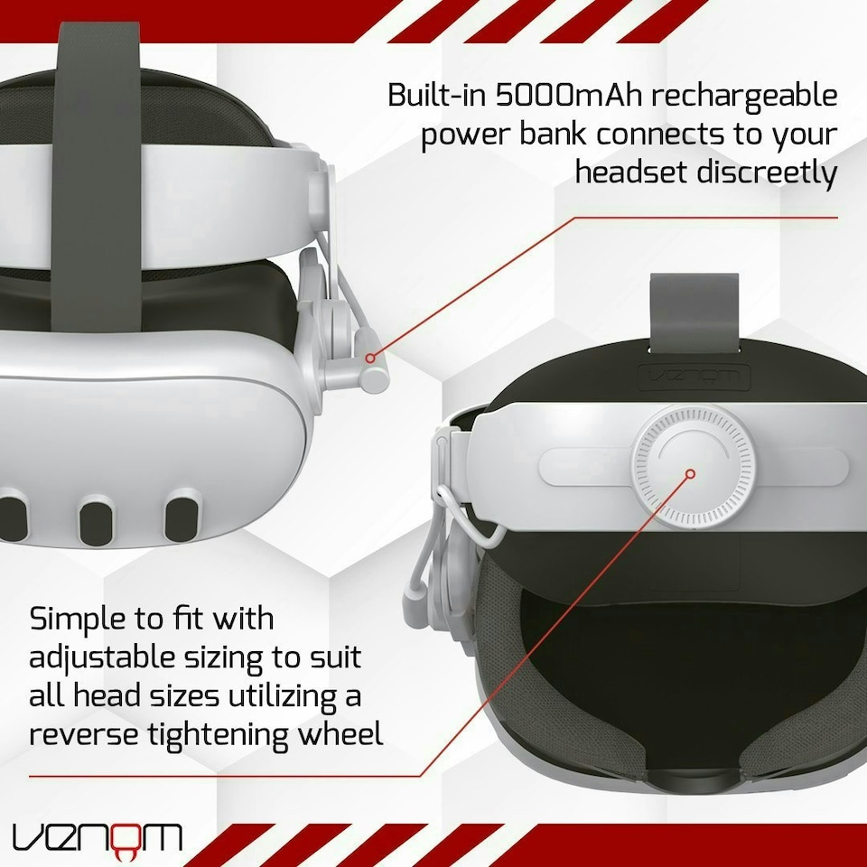 image 1 of Venom Power Strap for Meta Quest 3 - Padded Headstrap with Integrated Power Bank White | Grey