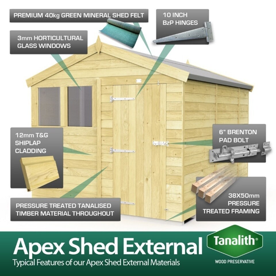 image 1 of 8 x 19 Feet Apex Shed - Double Door Without Windows - Wood - L560 x W231 x H217 cm | Brown