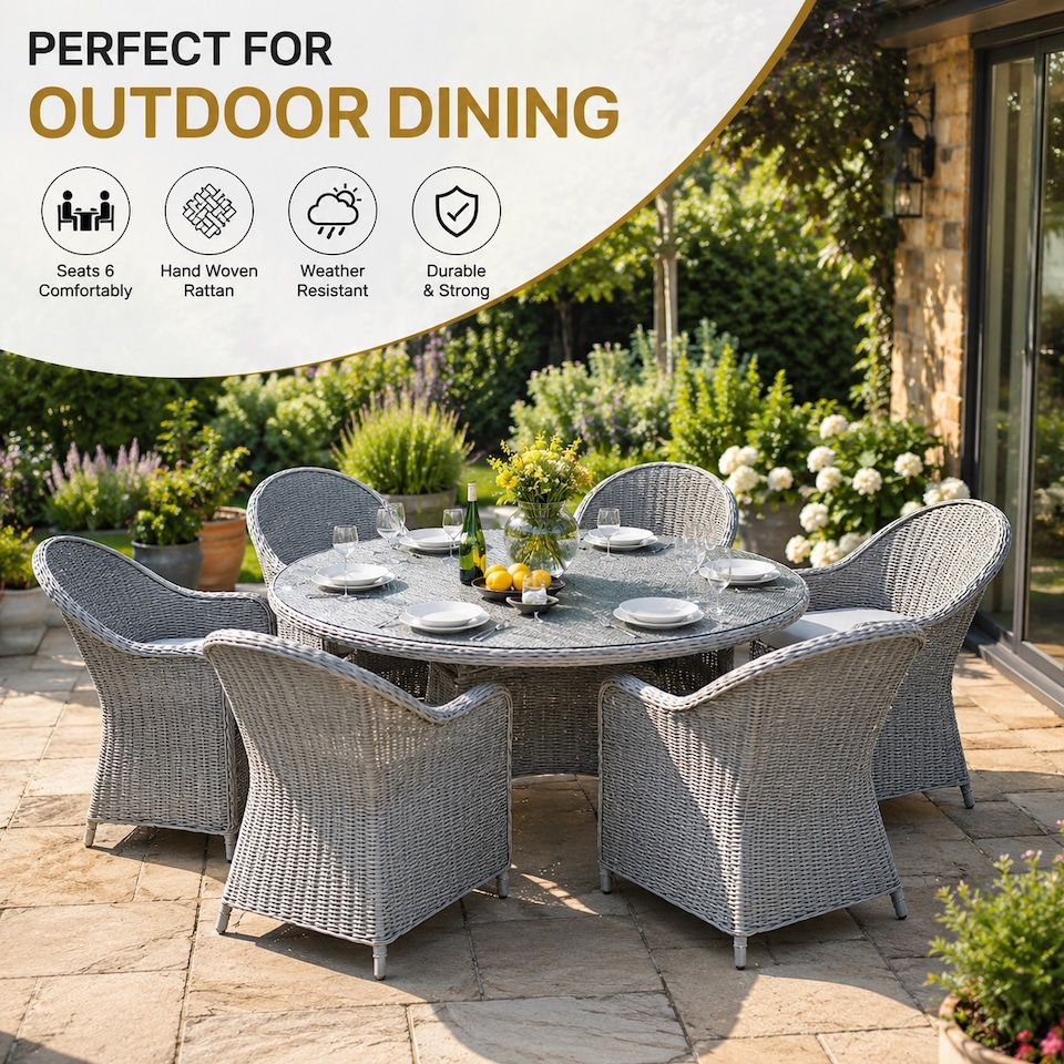 image 1 of Sorrento 6-Seater Rattan Dining Set, Round Garden Table with Chairs, Outdoor Patio Furniture Set