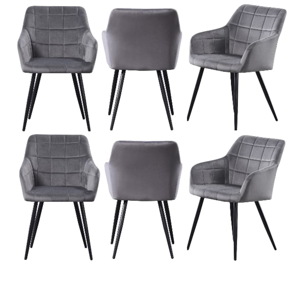 image 1 of Set of 6 Camden Modern Velvet Dining Chairs with Armrests, Quilted Design & Black Metal Legs | Grey | Dark Grey