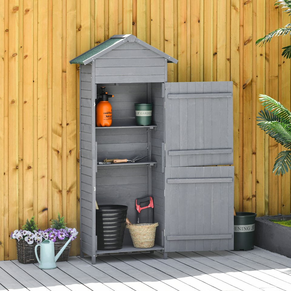 image 1 of Outsunny Wooden Garden Storage Shed Utility Gardener Cabinet w 3 Shelves, Tiltedfelt Roof and Two Lockable Doors, 79cm x 49cm x 191.5cm, Dark Grey