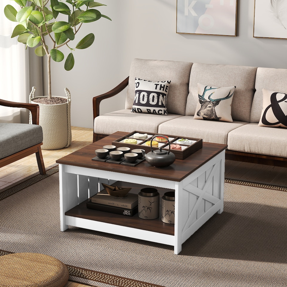 image 1 of COSTWAY Farmhouse Coffee Table Square Coffee Table White