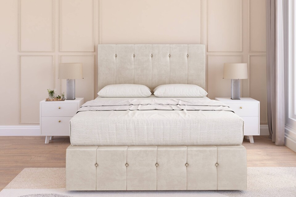 image 1 of Sloomy Cambridge Cream Plush Divan Bed Base 2 Drawers Left Side With 26 Inch Strutted Headboard & 12 Inch Matching Footboard | Cream | Cream | Super King | 1