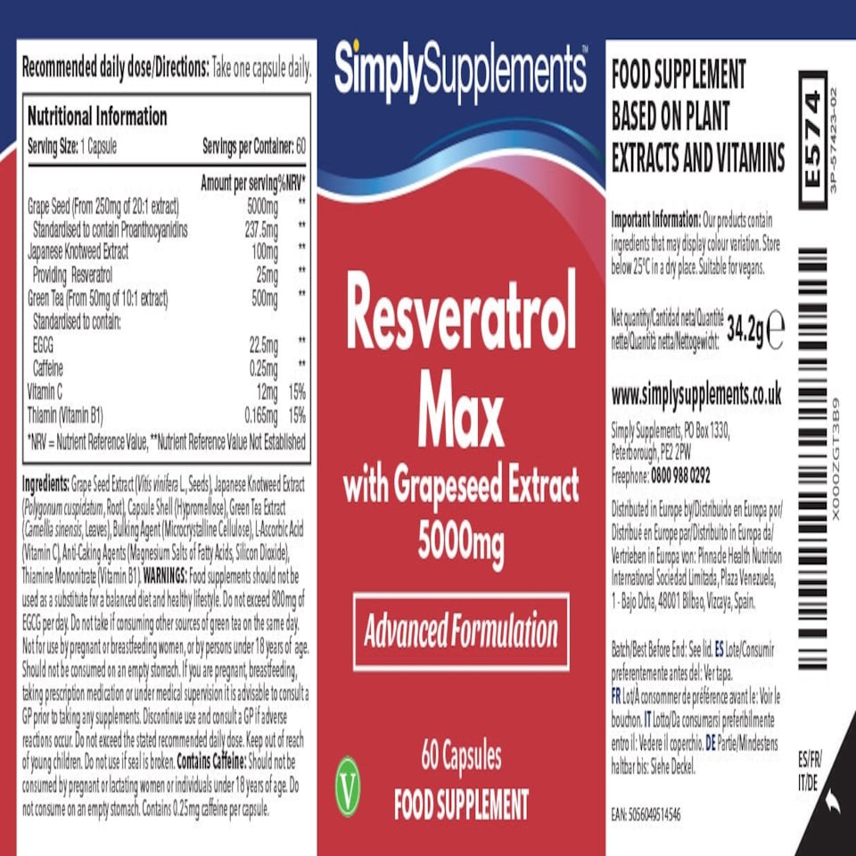 image 1 of Resveratrol Max with Grapeseed Extract 5,000mg - 60 Capsules