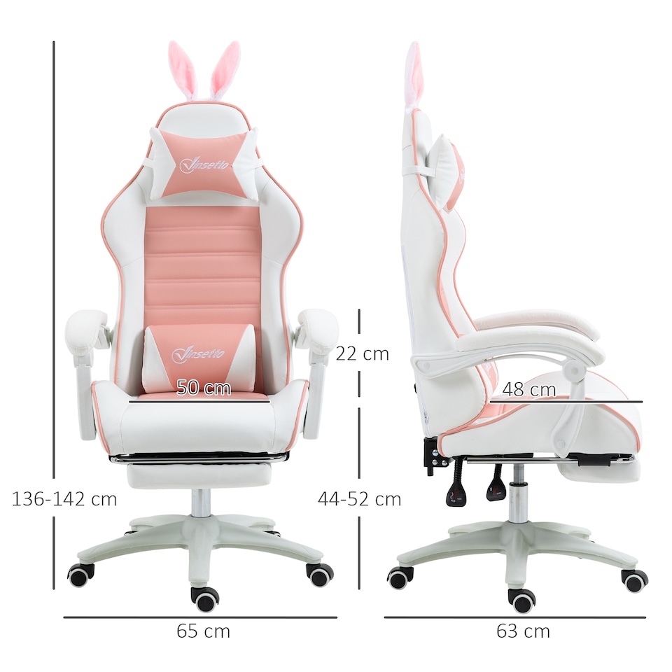 image 1 of Vinsetto Racing Gaming Chair, Reclining PU Leather Computer Chair with Removable Rabbit Ears, Footrest, Headrest and Lumber Support, Pink