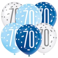 Blue Glitz Age 70 Assorted Biodegradable Latex Balloons 30cm / 12 in - Pack of 6