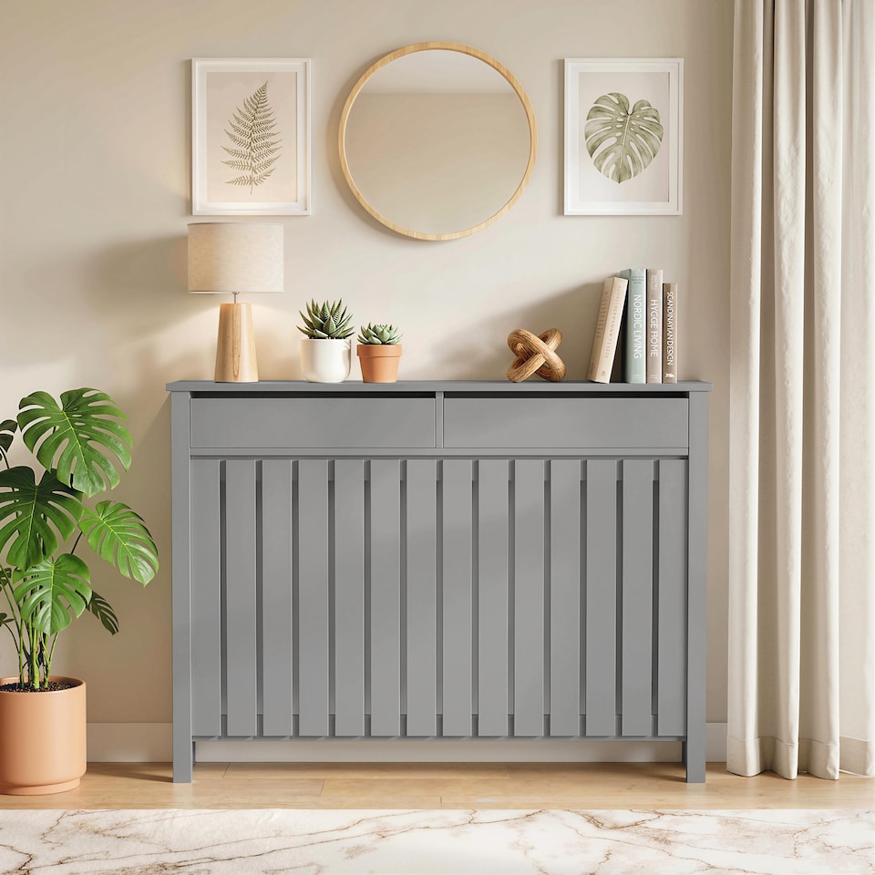 image 1 of HOMCOM Large Radiator Cover with Drawers and Vertical Slats 119 x 19 x 93 cm