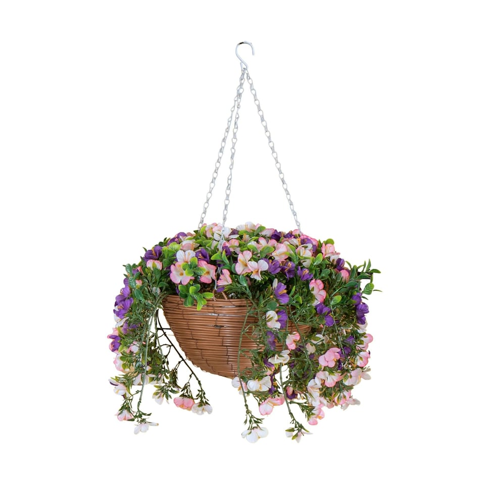 image 1 of Large Outdoor Artificial Hanging Flower Basket with Petunias and Removable Chain Brown