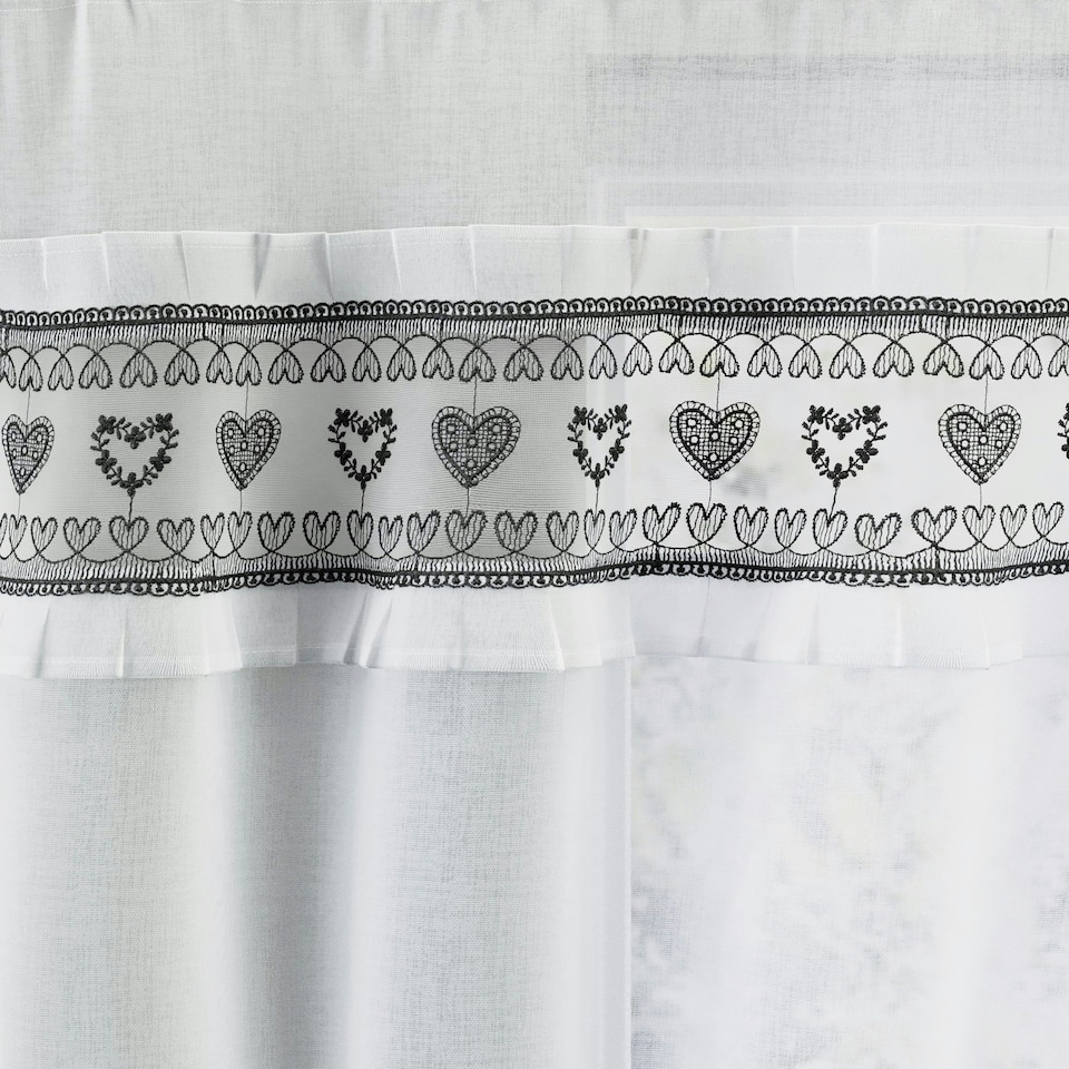 image 1 of Lucy Black Embroidered Heart Design Window Set 140 x 122 cm Rod Pocket Window Set with Frill Edging and 2 Matching Tie Backs