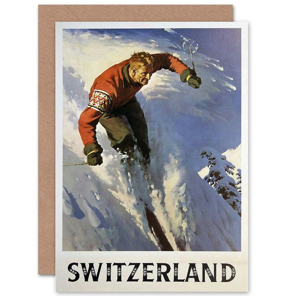 image 1 of Travel Switzerland Winter Sport Skiing Snow Skier Goodbye Card